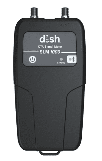 DISH OTA Signal Meter device next to a smartphone displaying the paired Android app