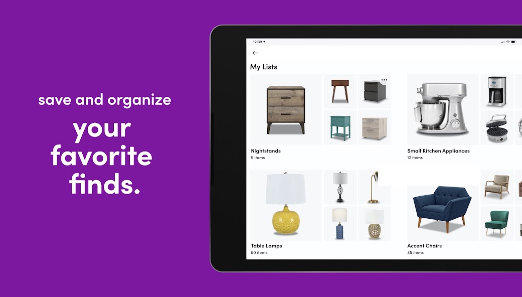 Wayfair Android app showing the Rewards enrollment screen and Financing lender selection — sourced from the public Google Play Store listing